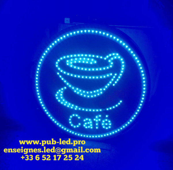 ENSEIGNE LUMINEUSE LED DOUBLE FACES “CAFÉ” EXTERNE PRÊT À INSTALLER AVEC ANIMATION ET TÉLÉCOMMANDE 60cm DE DIAMÈTRE