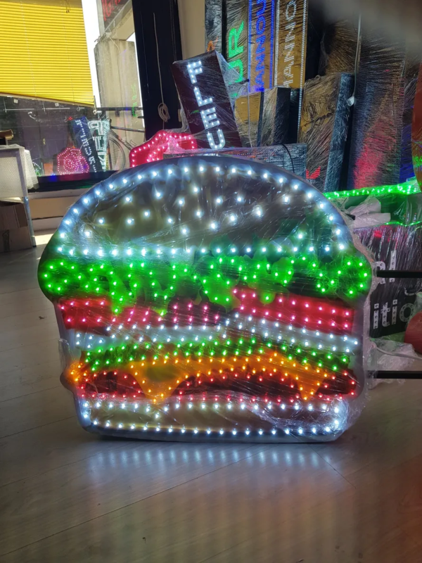 ENSEIGNE LUMINEUSE LED DOUBLE FACES “BURGER” EXTERNE PRÊT À INSTALLER AVEC ANIMATION ET TÉLÉCOMMANDE 70x70cm