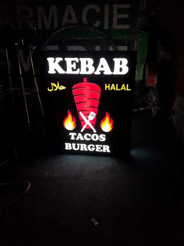 Enseigne Lumineuse LED Double Face “Kebab Tacos Burger” – Prête à Installer avec Animation et Télécommande